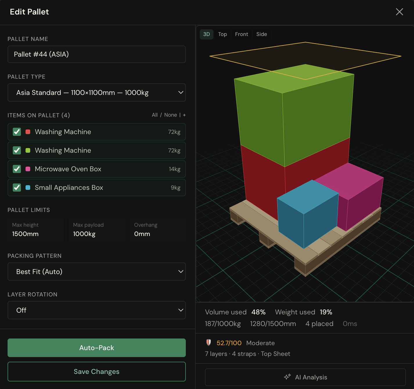 Edit Pallet dialog — four items stacked on an Asia Standard pallet, with volume and weight usage shown