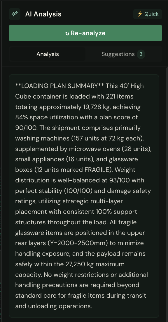 AI Analysis panel — loading plan summary narrative