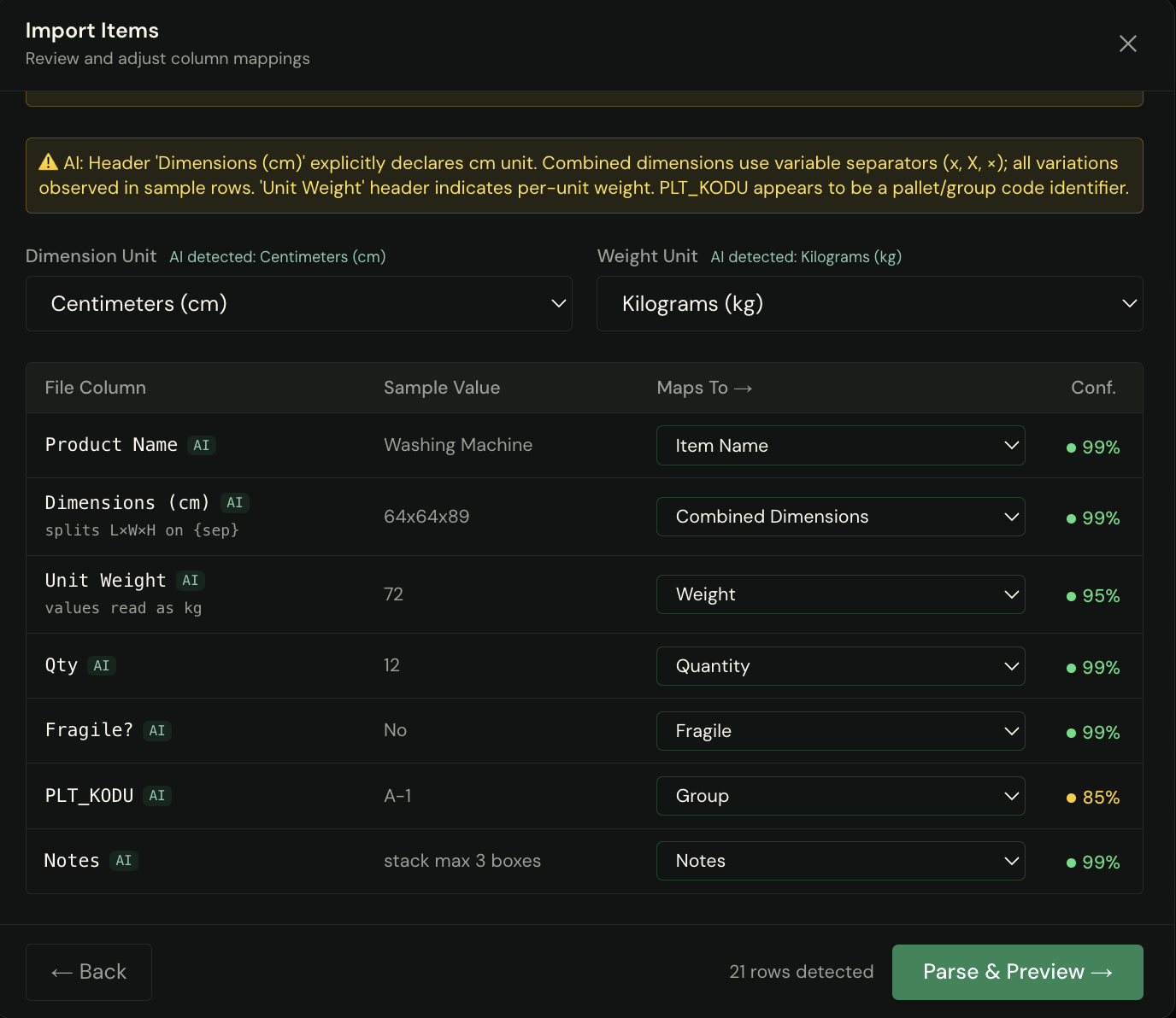 Import dialog mapping spreadsheet columns to item fields, with a confidence value per column