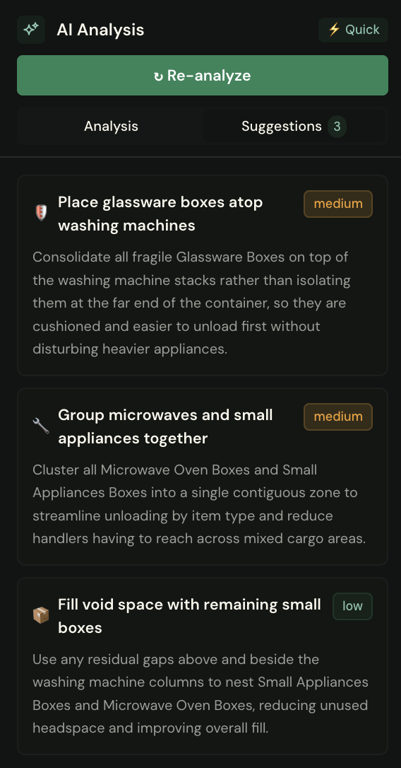 AI Analysis panel listing three placement suggestions with priority badges