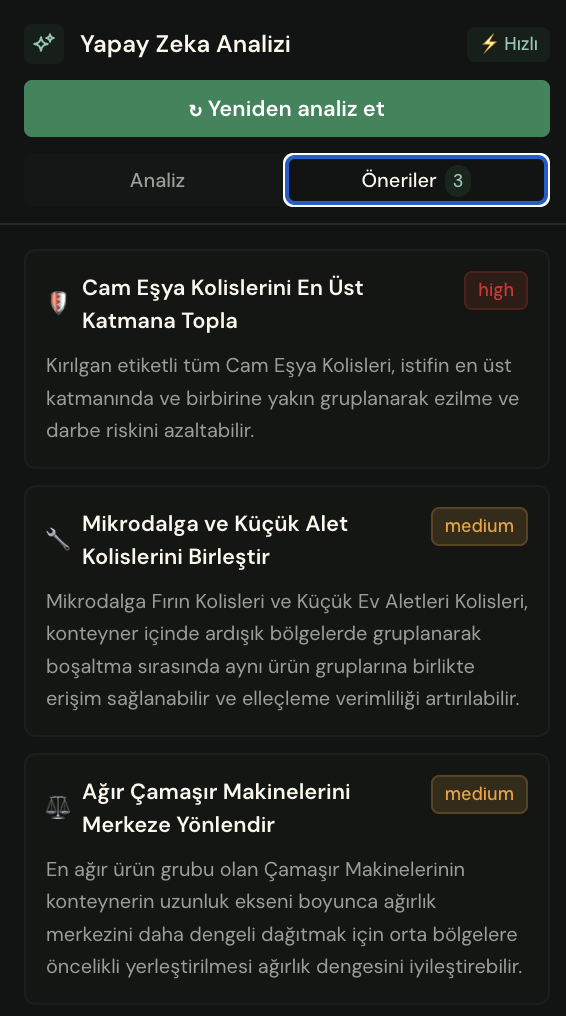 Üç yerleştirme önerisini öncelik rozetleriyle listeleyen Yapay Zeka Analizi paneli