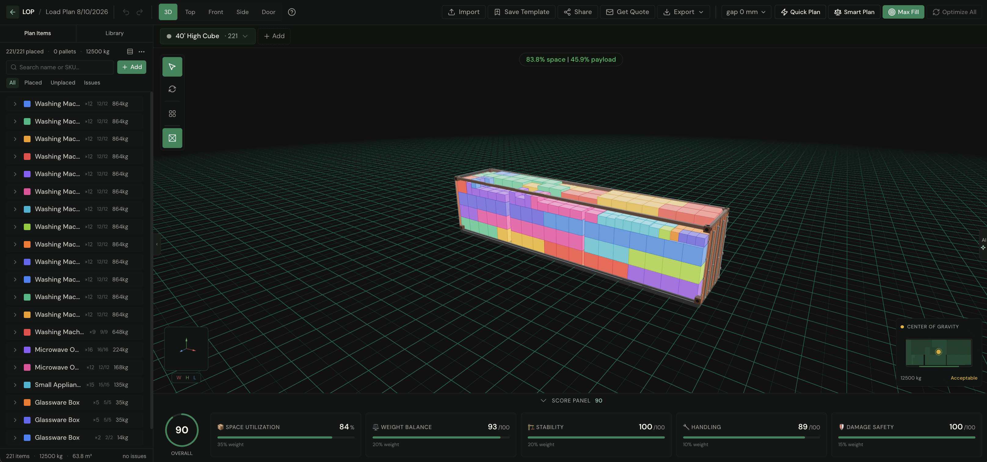 LOP editor with a fully packed 40' High Cube — 221 of 221 items placed, score panel and center-of-gravity monitor open