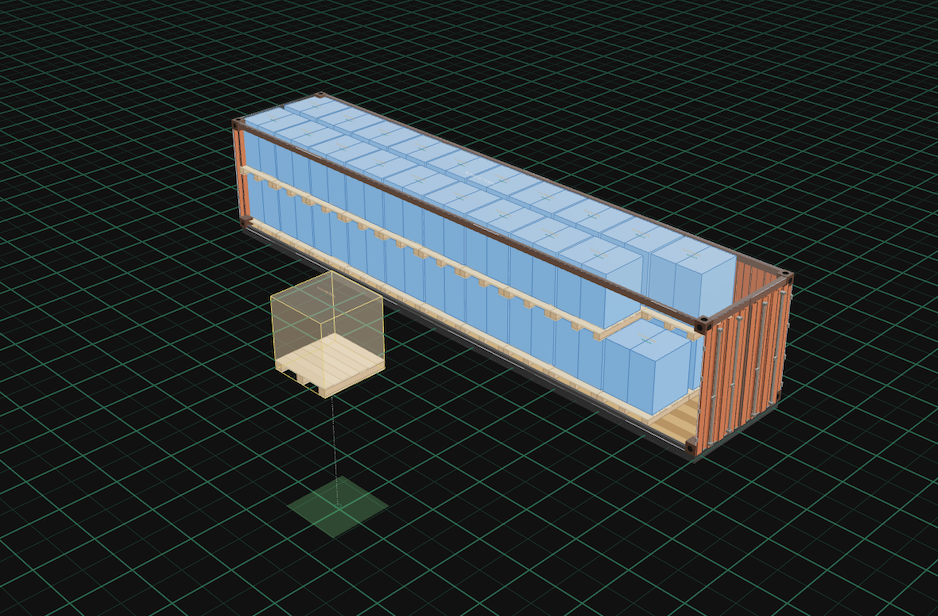 A pallet being dragged into a container in the 3D editor, its drop position projected on the floor