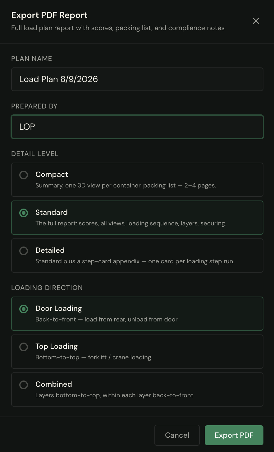 Export PDF Report dialog with detail level and loading direction options