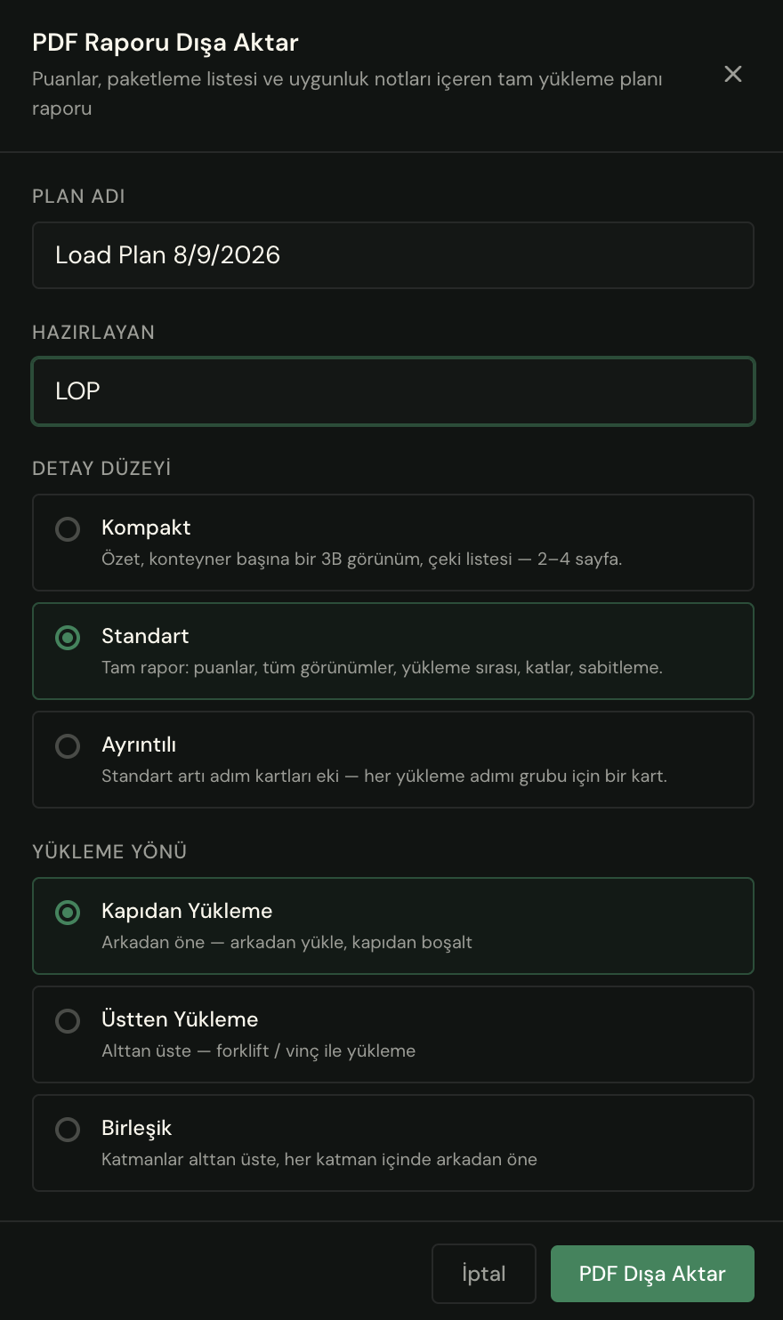 Detay seviyesi ve yükleme yönü seçenekleriyle PDF Raporu Dışa Aktarma diyaloğu