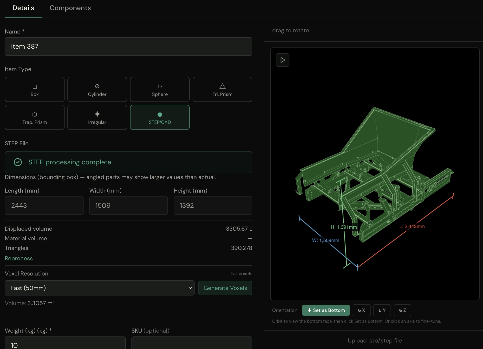 A processed CAD item — a tilting frame assembly with dimensions 2443 × 1509 × 1392 mm and 3,305 L displaced volume read from the geometry, shown with its orientation controls