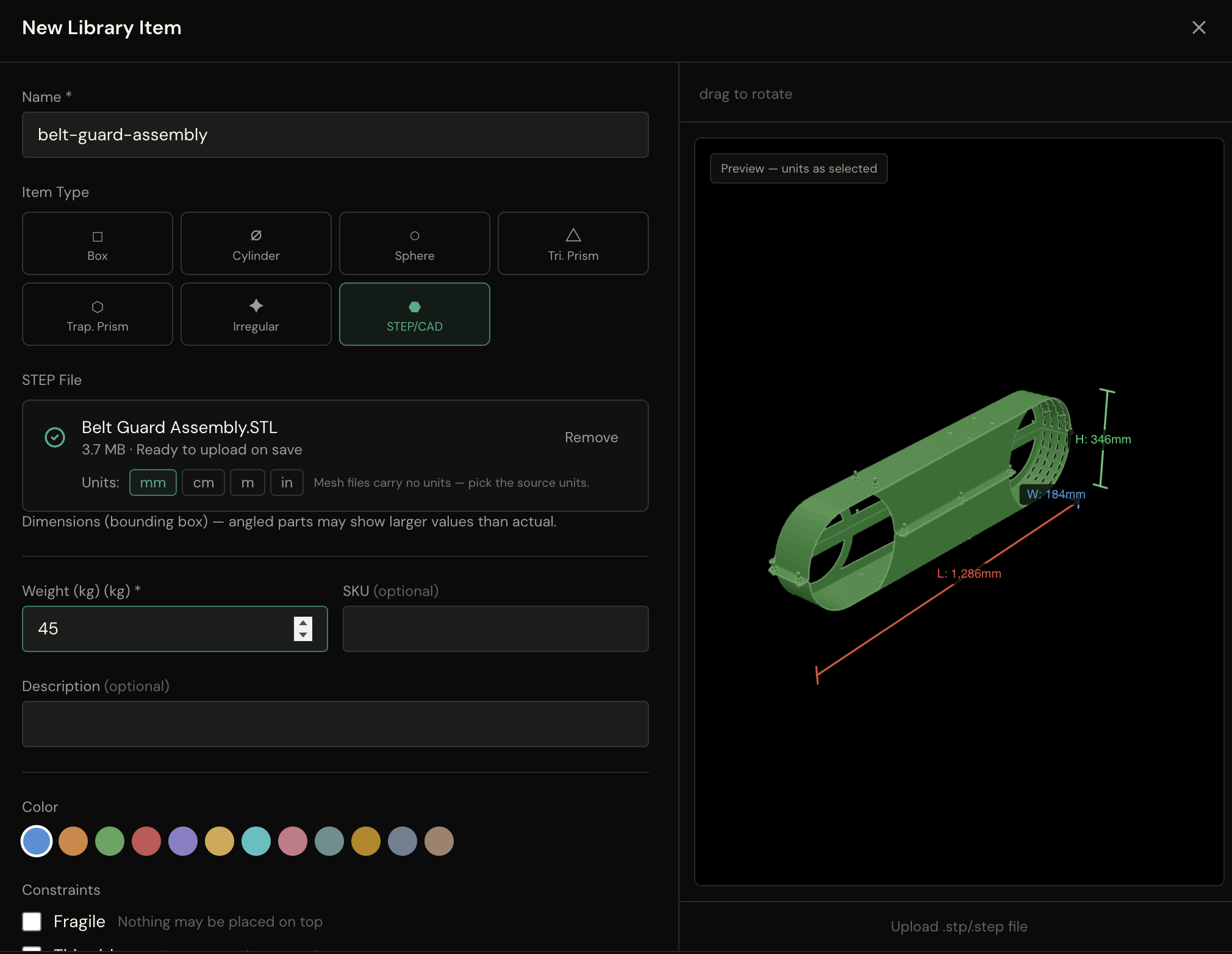 New Library Item dialog — a belt guard assembly STL previewing live in 3D with its bounding box measured at 1,286 × 184 × 346 mm, before the item is saved