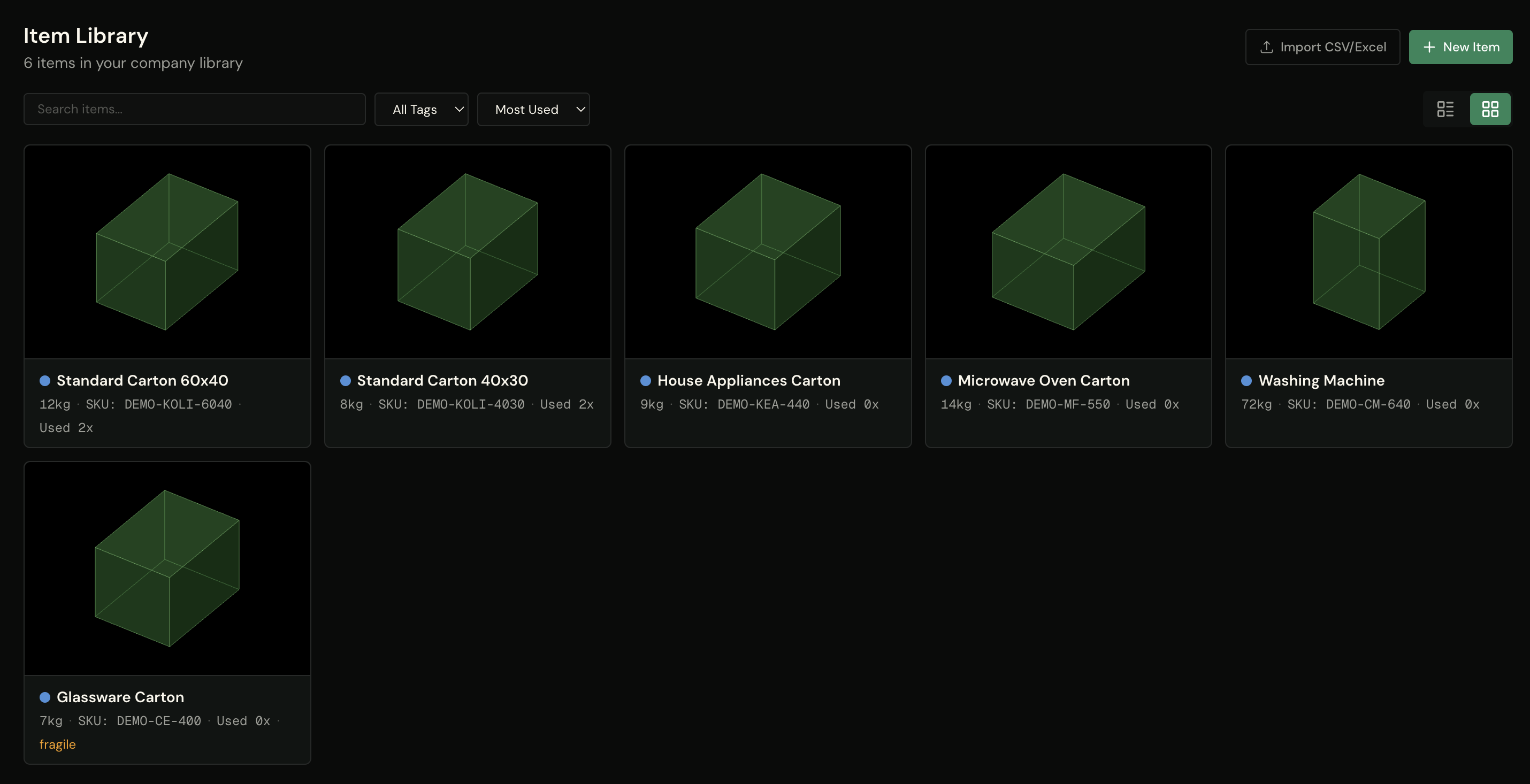 Item Library in card view — six saved items with dimensions, weights, and SKUs