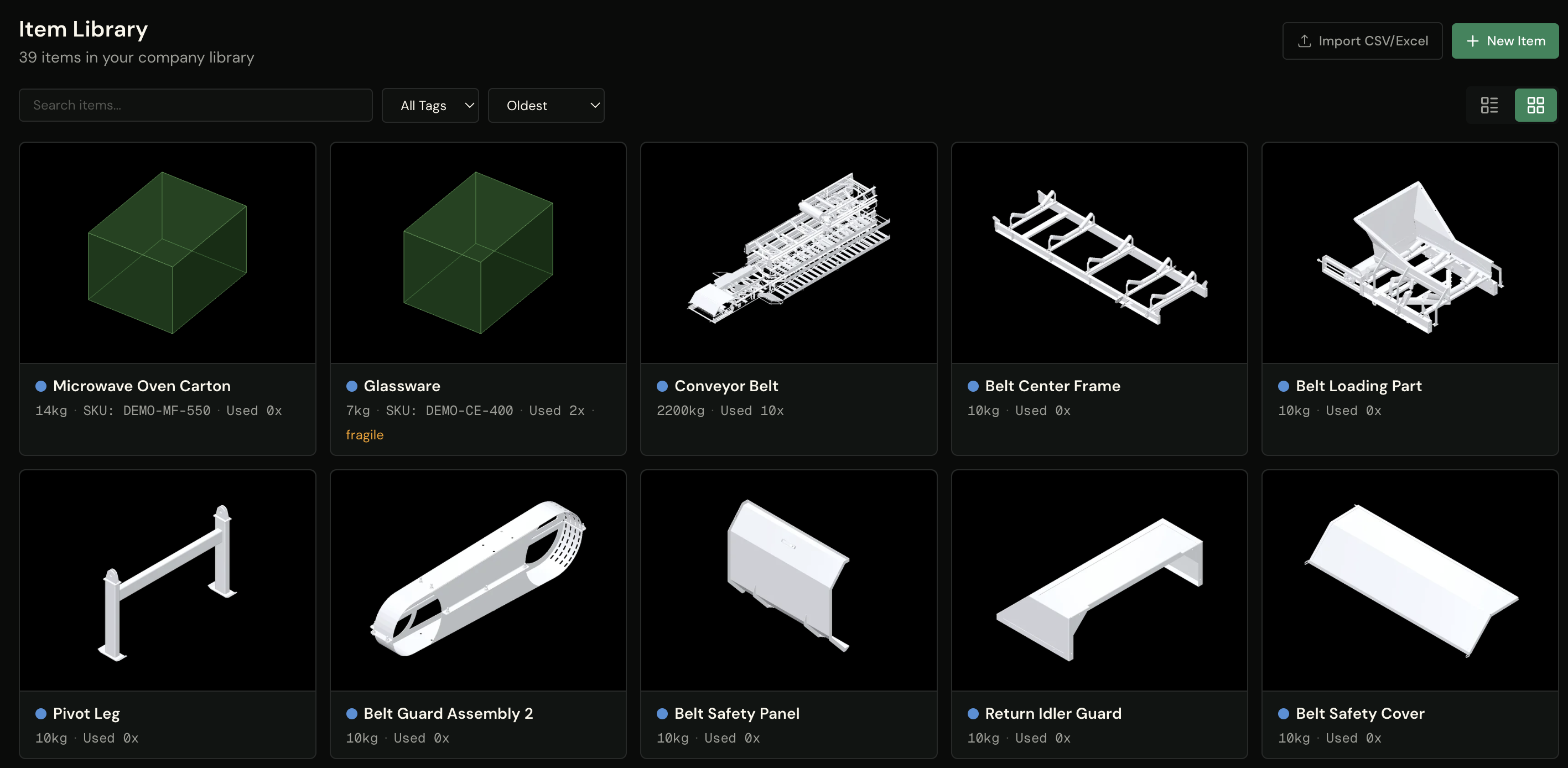 Item Library with 39 parts — every CAD card showing its part's real rendered geometry: a conveyor belt, guard frames, safety covers, and support legs