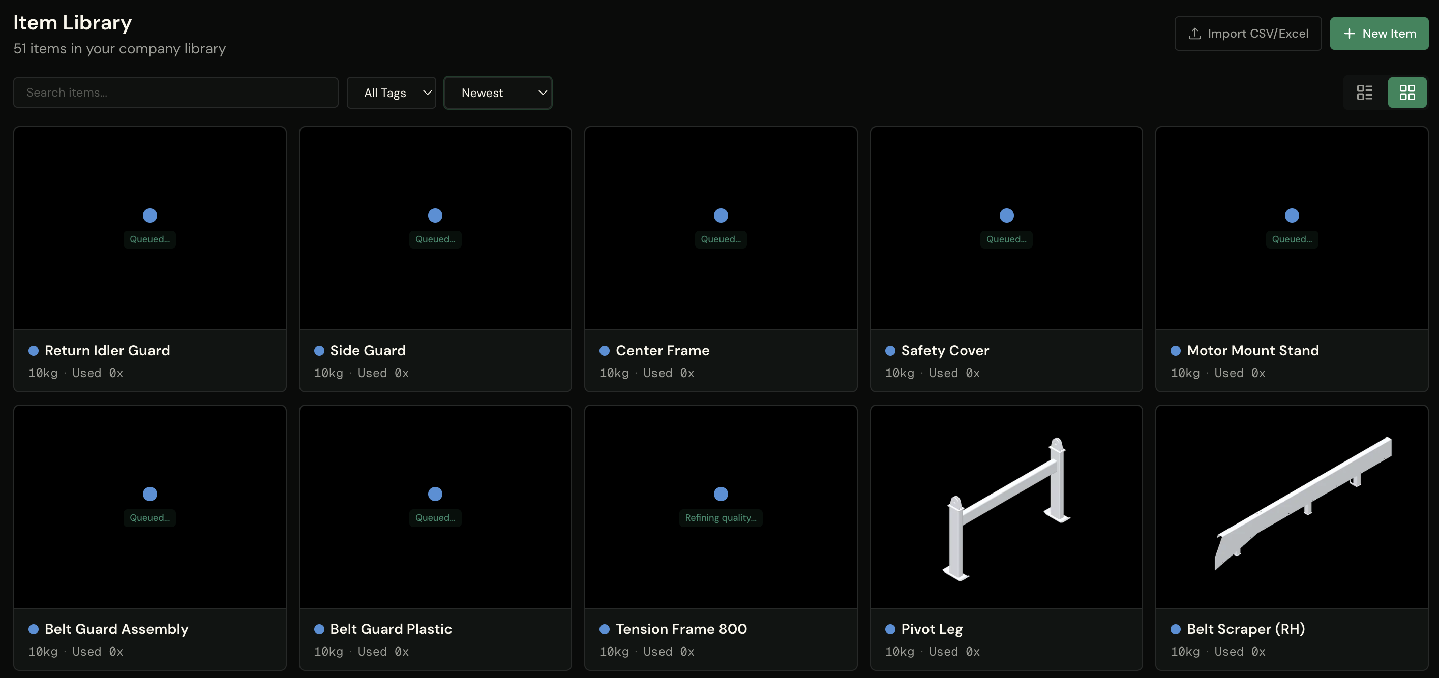 Item Library during a batch upload — cards for Return Idler Guard, Side Guard, Center Frame and others queued or processing, while finished parts like Pivot Leg and Belt Scraper already show their real geometry