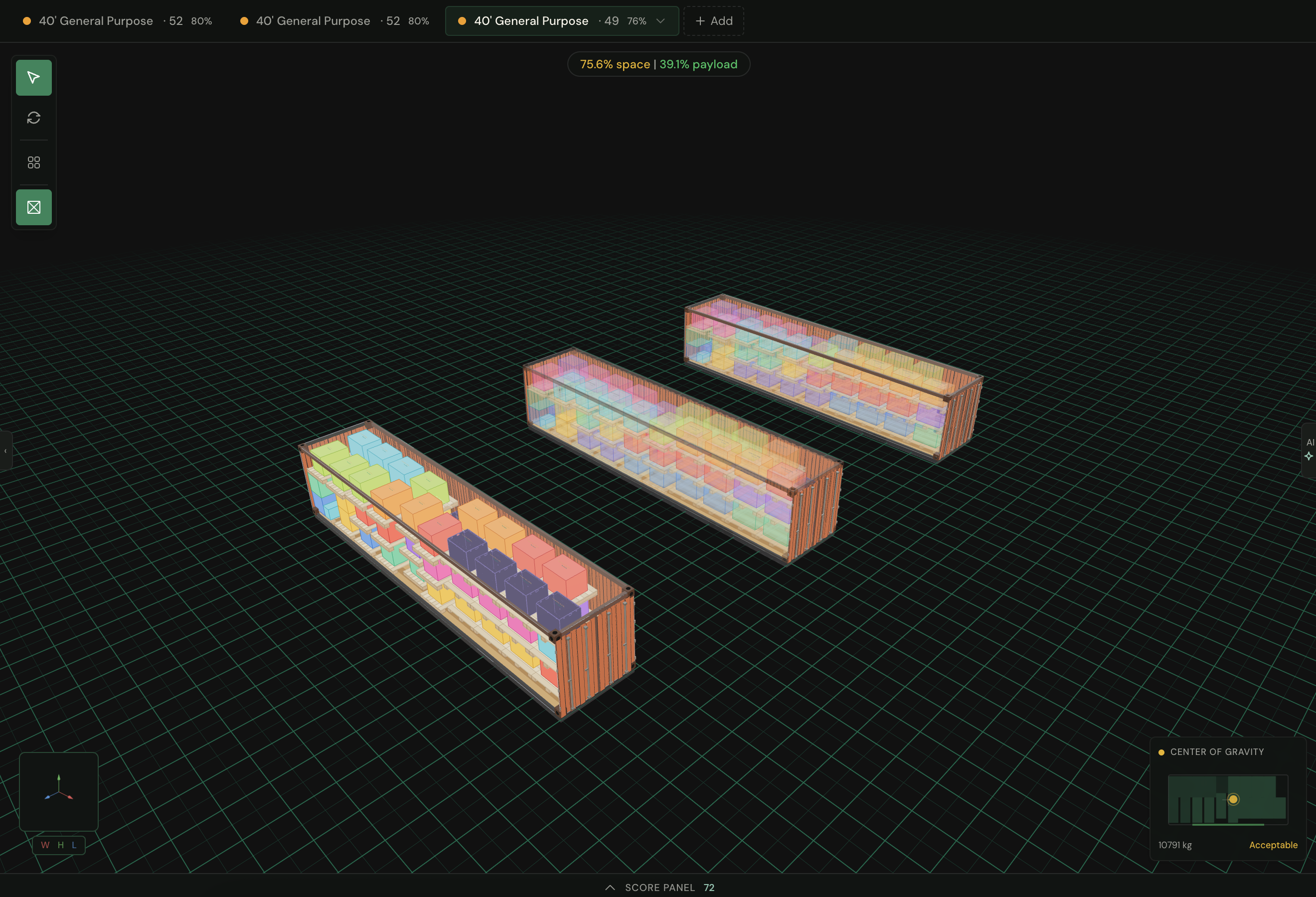 Three 40-foot containers side by side in the editor, each with its own fill percentage tab