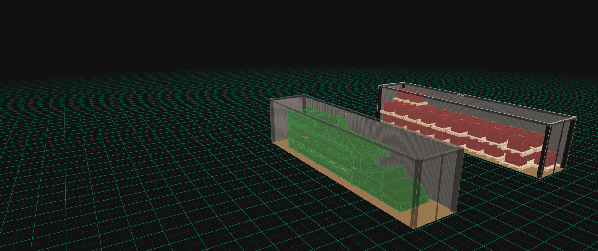 Konteyner içinde kırmızı paletler üzerinde camgöbeği telkafes makine — gerçek 3D mesh olarak işlenmiş STEP CAD dosyası