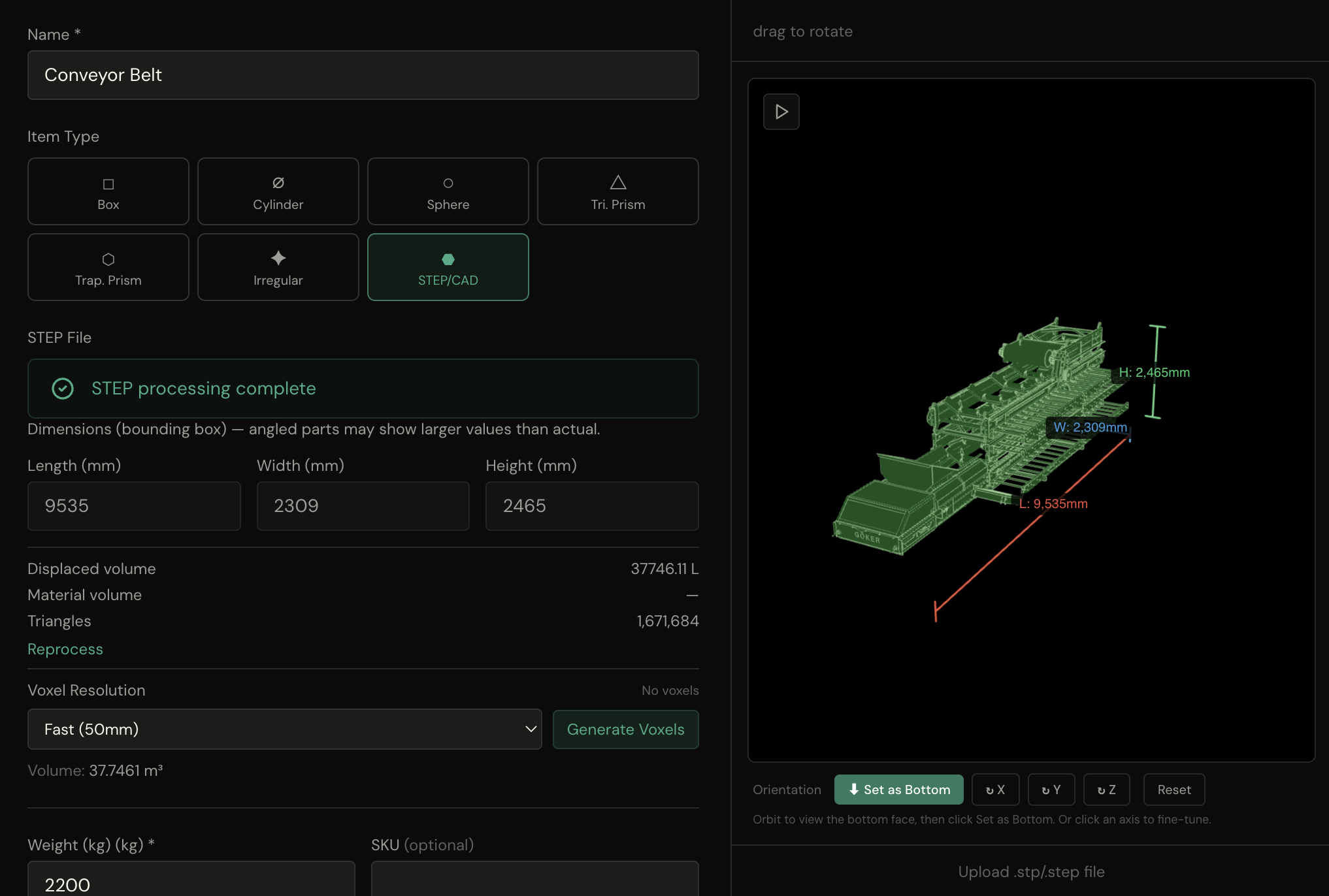 LOP's item editor reading a conveyor belt STEP file — exact dimensions from the CAD geometry, with a measured 3D preview and orientation controls