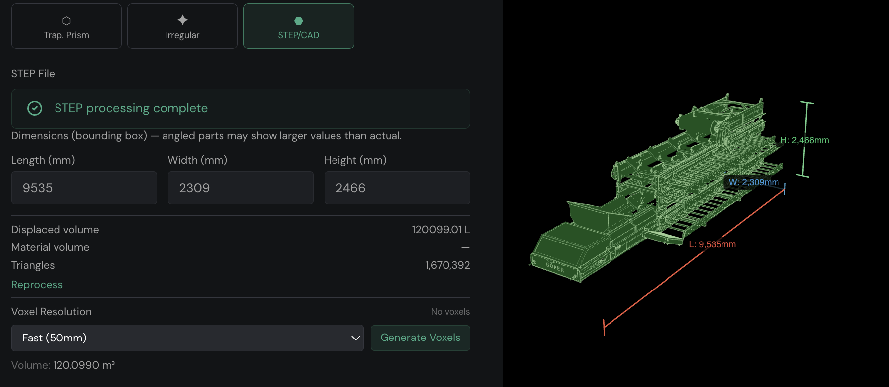 Konteyner içinde 3D mesh olarak görüntülenen, içe aktarılmış STEP CAD dosyası